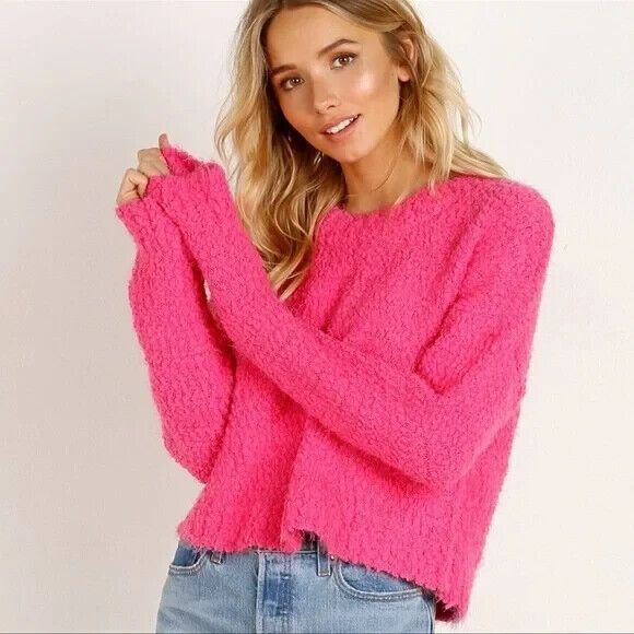 SHOW ME YOUR MUMU Cropped Varsity Sweater Chunky Knit Hot Barbie Pink Size S - Picture 1 of 7